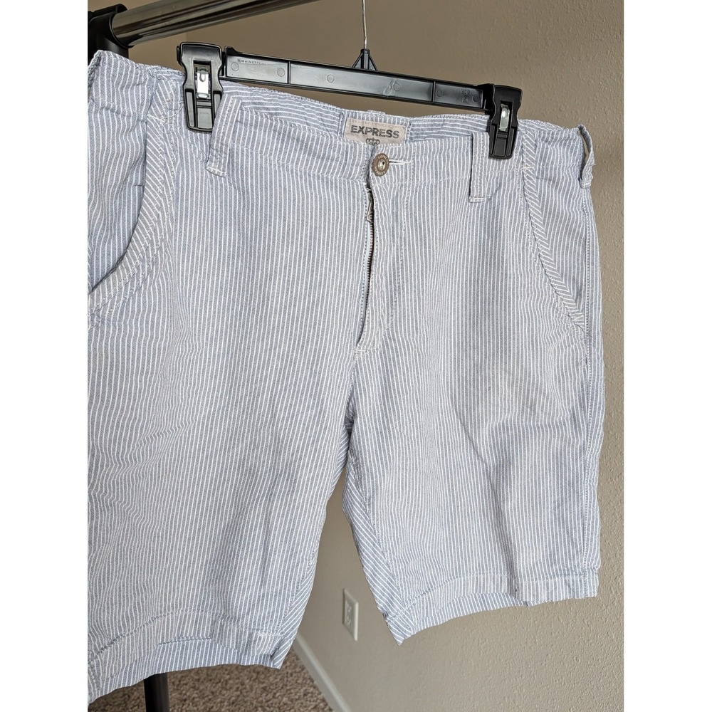 Express Mens Blue White Pinstripe Seersucker Cotton Shorts 34 Summer Casual